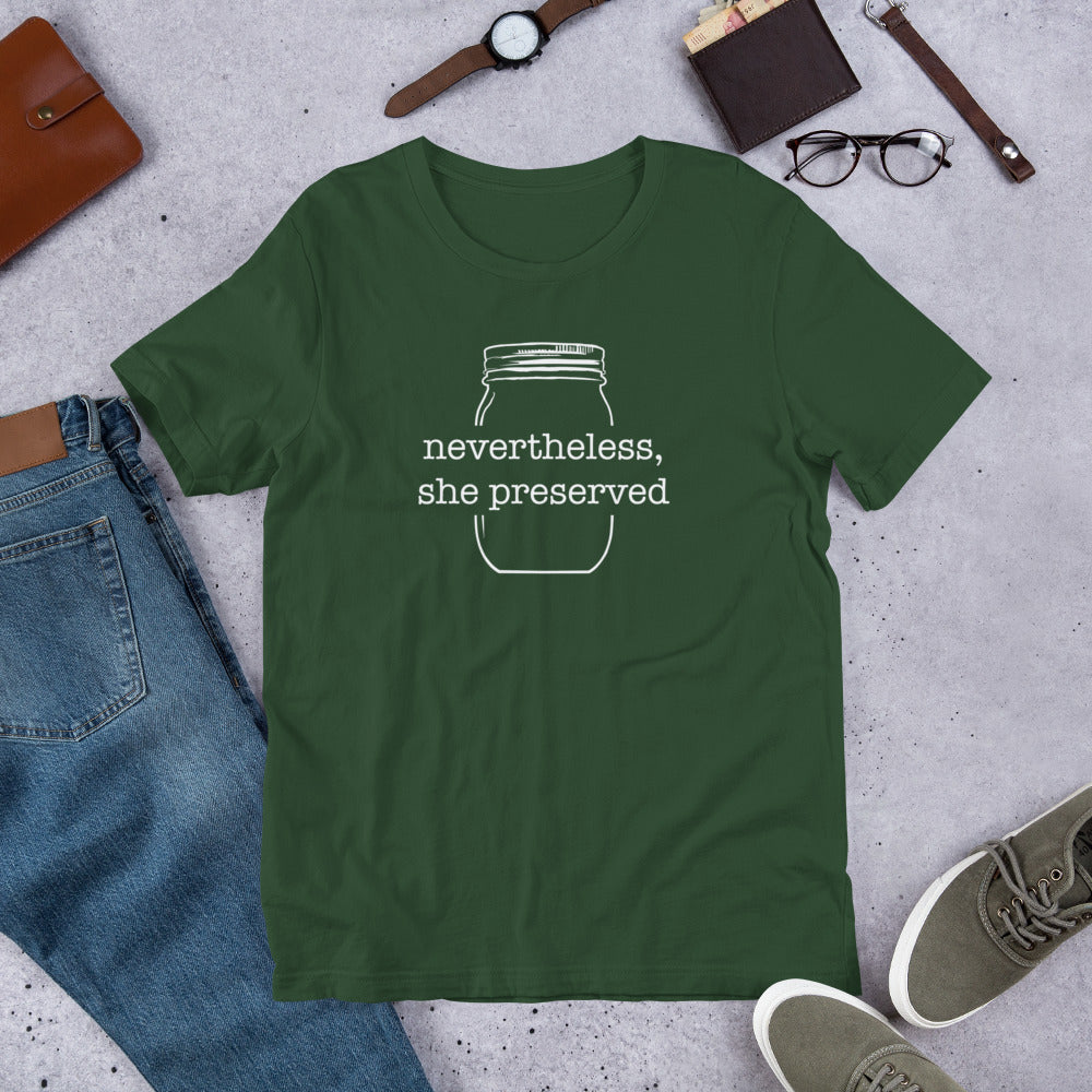 A Nevertheless, She Preserved v 2 Short-Sleeve Unisex T-Shirt with a mason jar and a pair of glasses from The Purposeful Pantry.