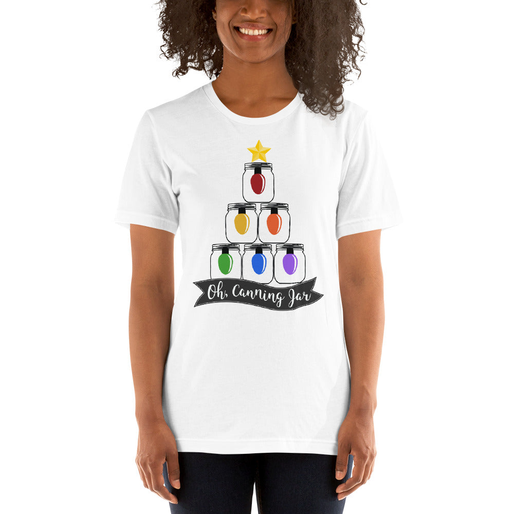 A woman wearing an Oh Canning Jar Christmas Short Sleeve T-Shirt by The Purposeful Pantry.