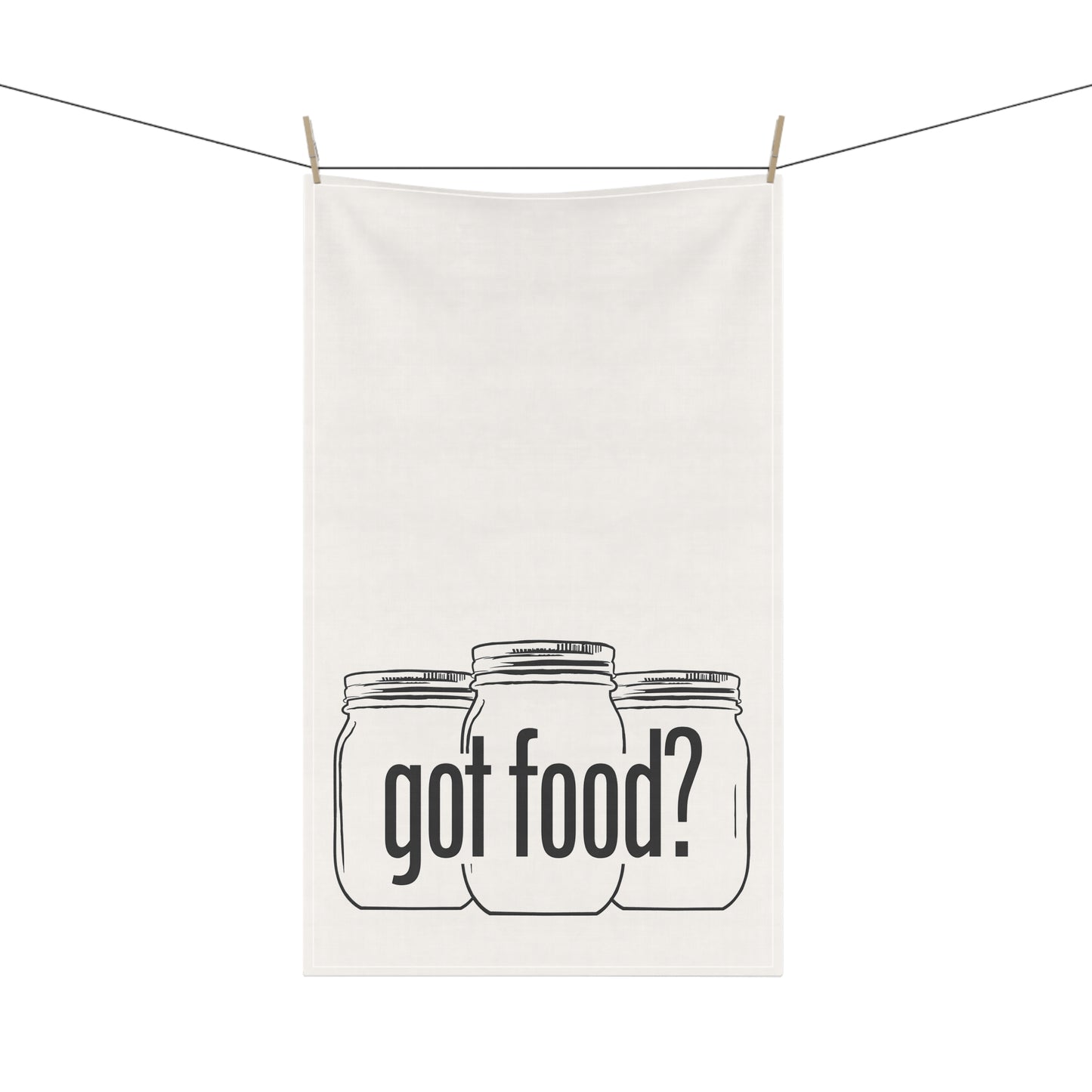 The Printify Got Food? Kitchen Tea Towel features three mason jars and bold "got food?" text—stylish white kitchen decor for any home chef.
