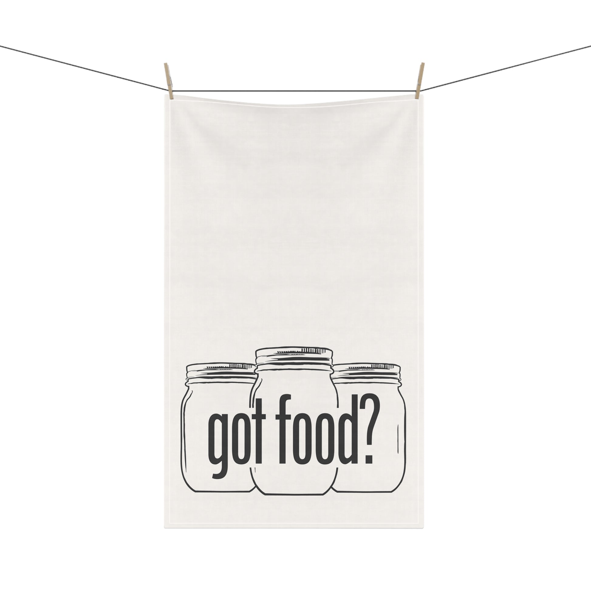 The Printify Got Food? Kitchen Tea Towel features three mason jars and bold "got food?" text—stylish white kitchen decor for any home chef.