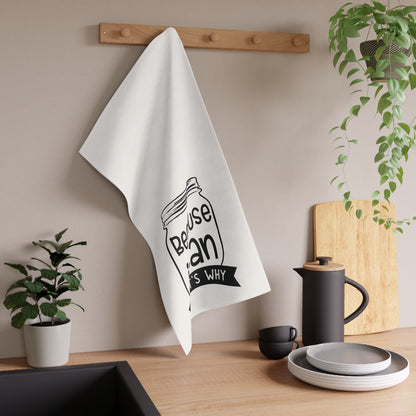 The Purposeful Pantry's "Because I Can, That's Why" Kitchen Tea Towel, featuring a mason jar design, hangs above a modern kitchen counter—ideal for any canning enthusiast or food preservationist.