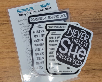 A sticker with the Dehydrating Temperature Guides & Checklist from The Purposeful Pantry on top of it.