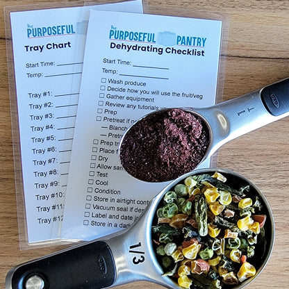 A measuring spoon and a measuring cup next to a Dehydrating Checklist - Laminated by The Purposeful Pantry.
