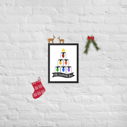 A Christmas tree with stockings hanging on a brick wall featuring the Oh Canning Jar Framed Print from The Purposeful Pantry.