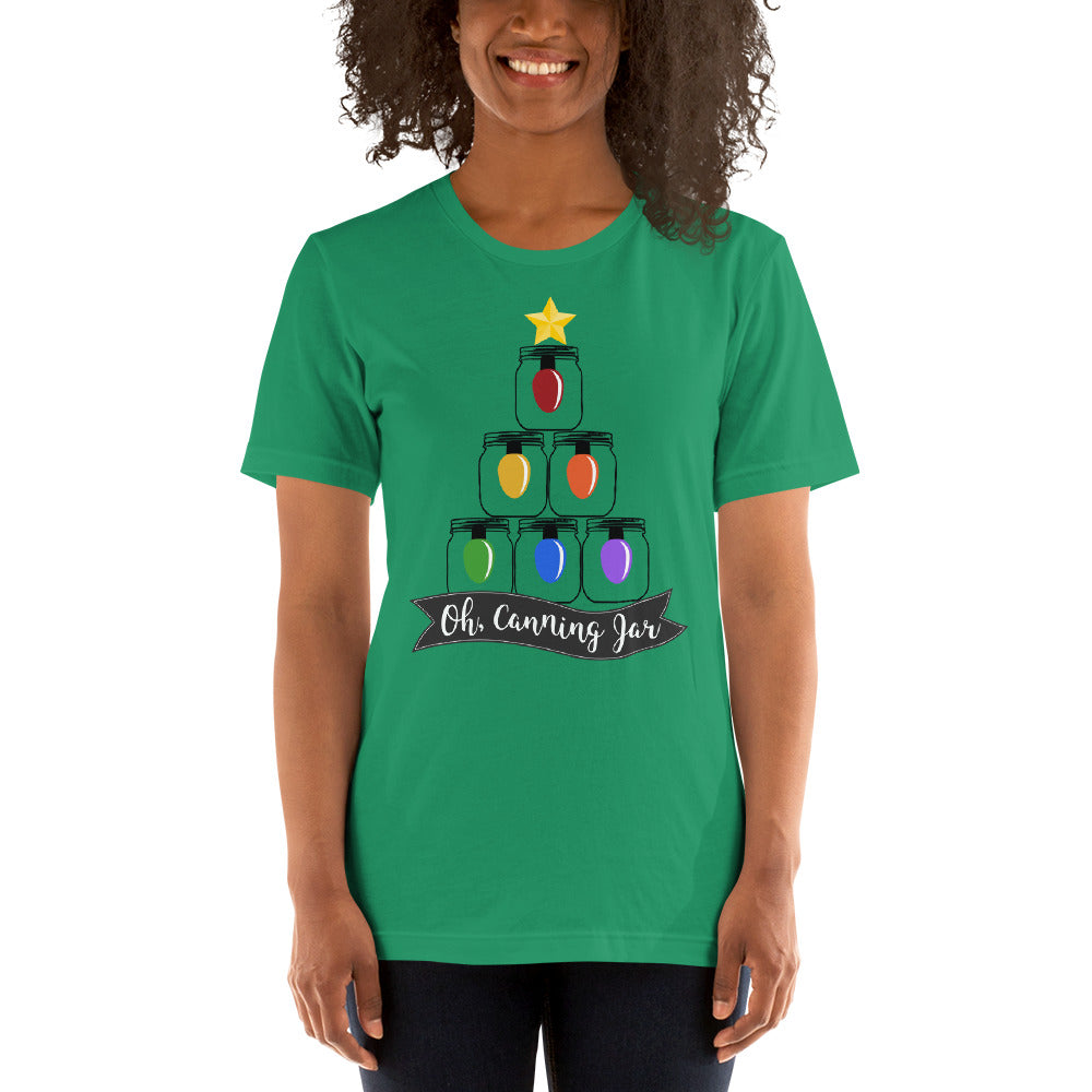 A woman wearing an Oh Canning Jar Christmas Short Sleeve T-Shirt by The Purposeful Pantry.