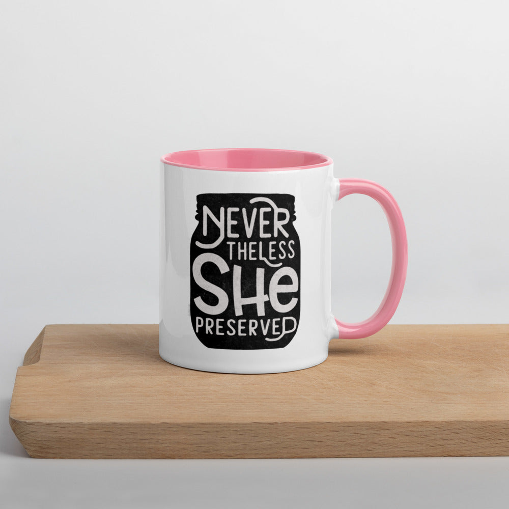 A "Neverthless She Preserved Mug with Color Inside" from The Purposeful Pantry, with the words never thirsty she reserved on it.